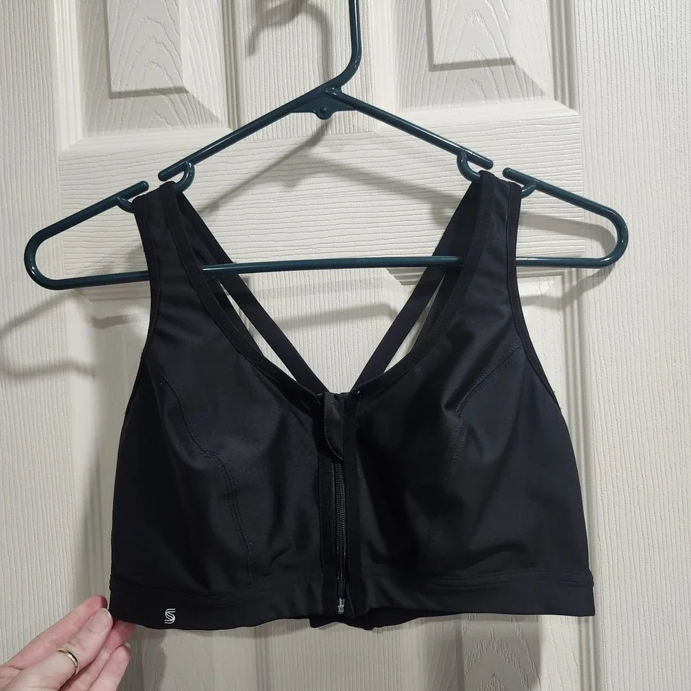 Glamorise Sport Bra 36D Black Front Zip‎ High Support Crisscross Back Activewear